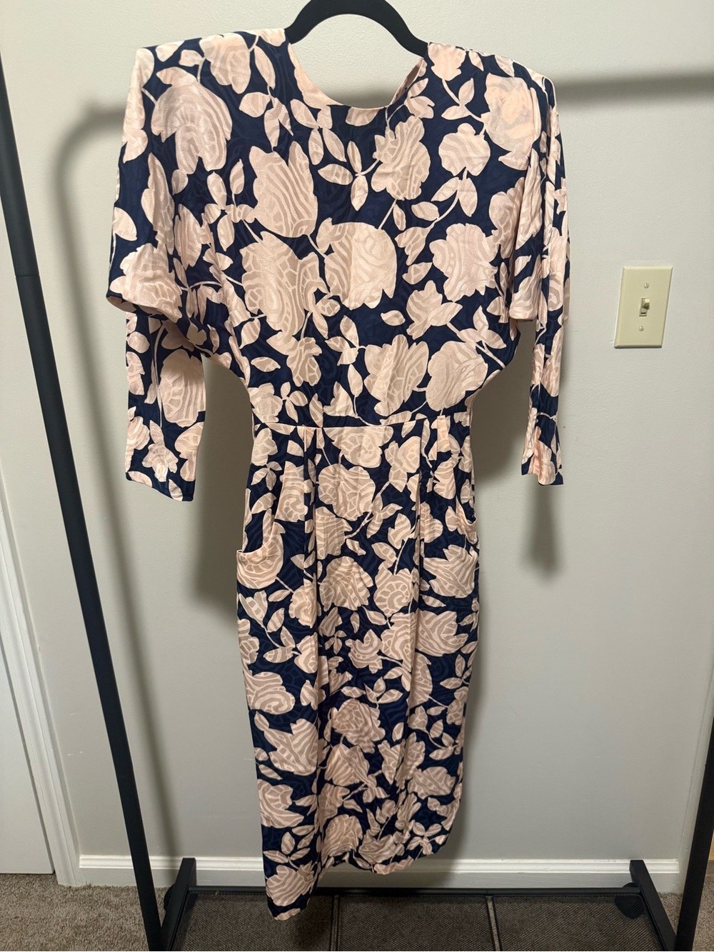 Vintage 100% Silk Navy Floral Midi Dress in Blush Pink